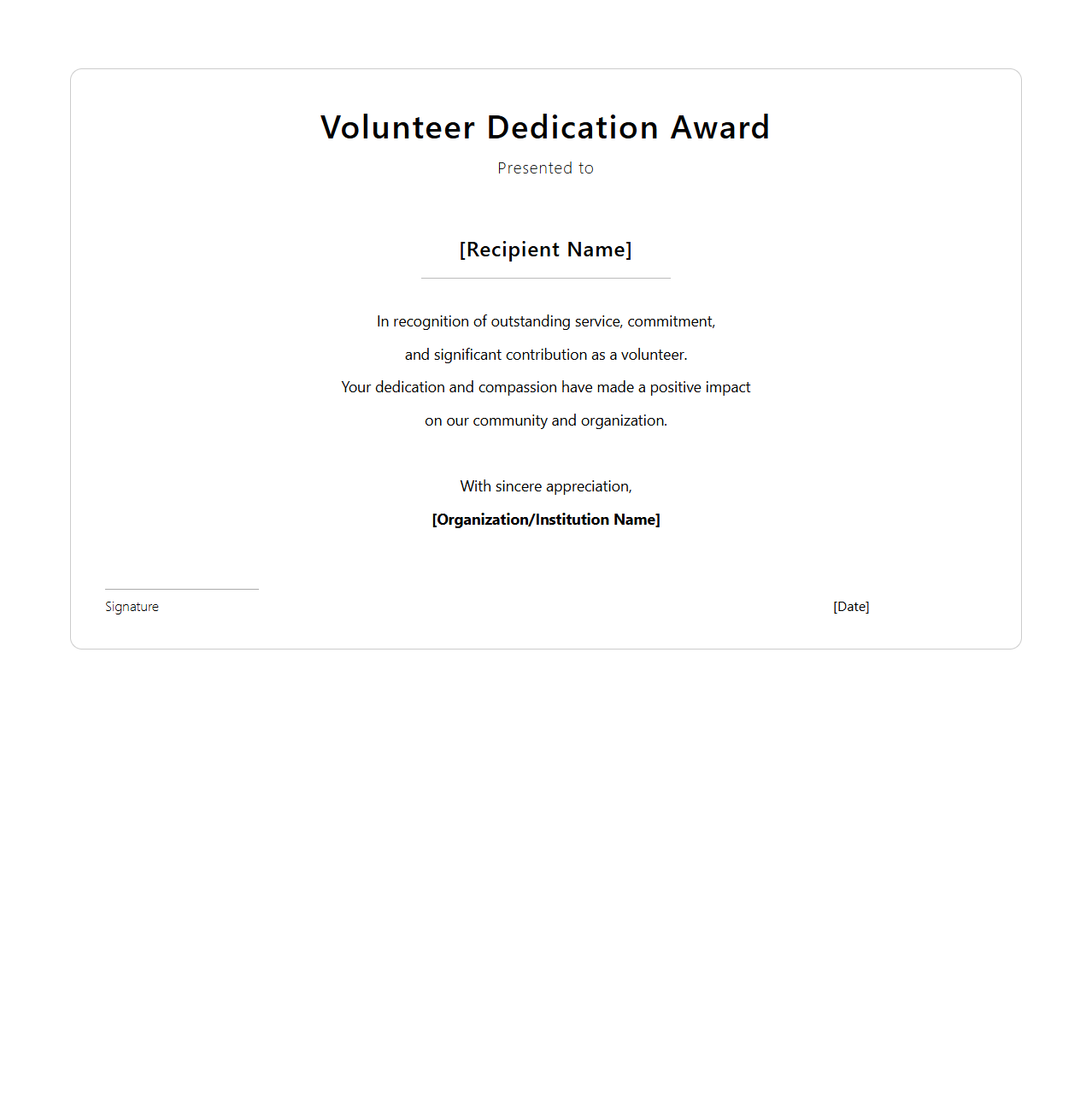 Volunteer Dedication Award Template