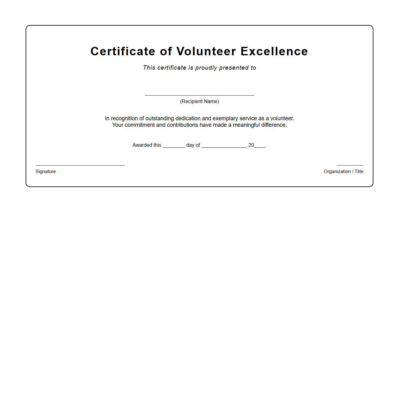 Volunteer Excellence Certificate Template