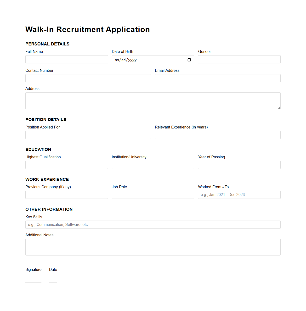 Walk-In Recruitment Application Format