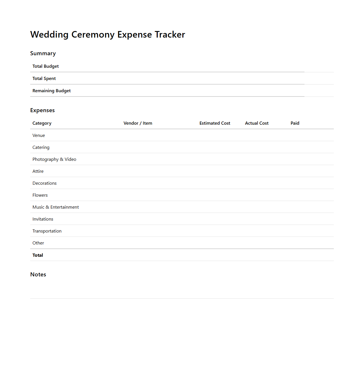 Wedding Ceremony Expense Tracker Template