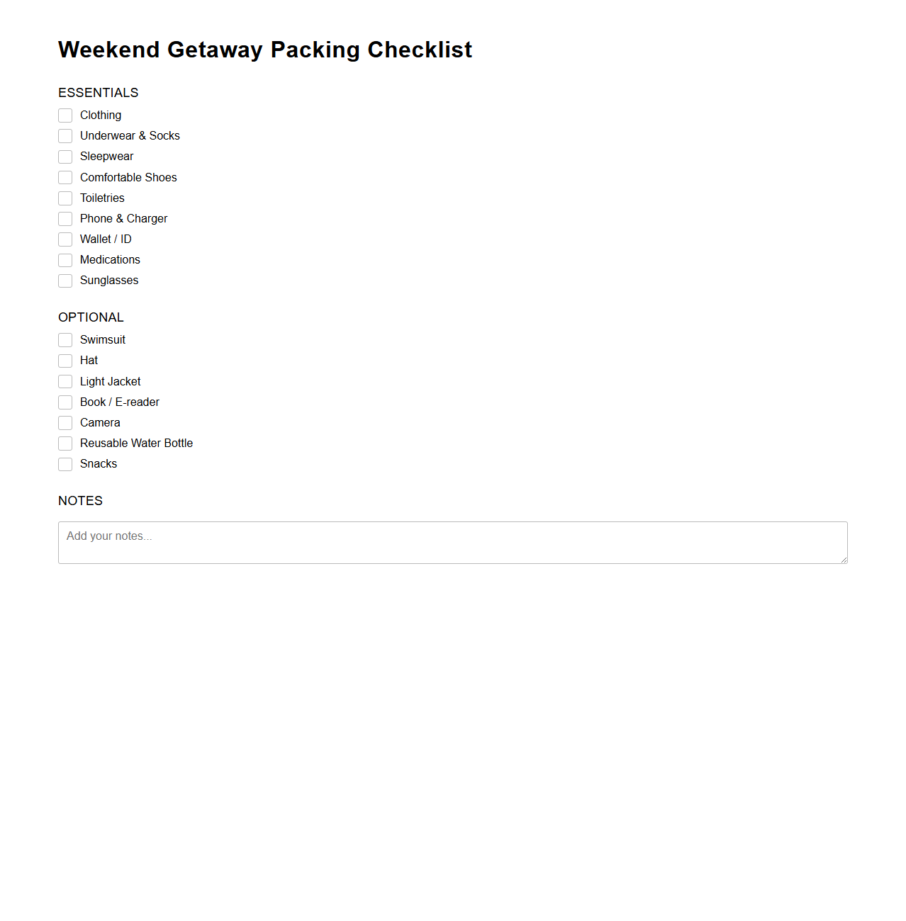 Weekend Getaway Packing Checklist Template