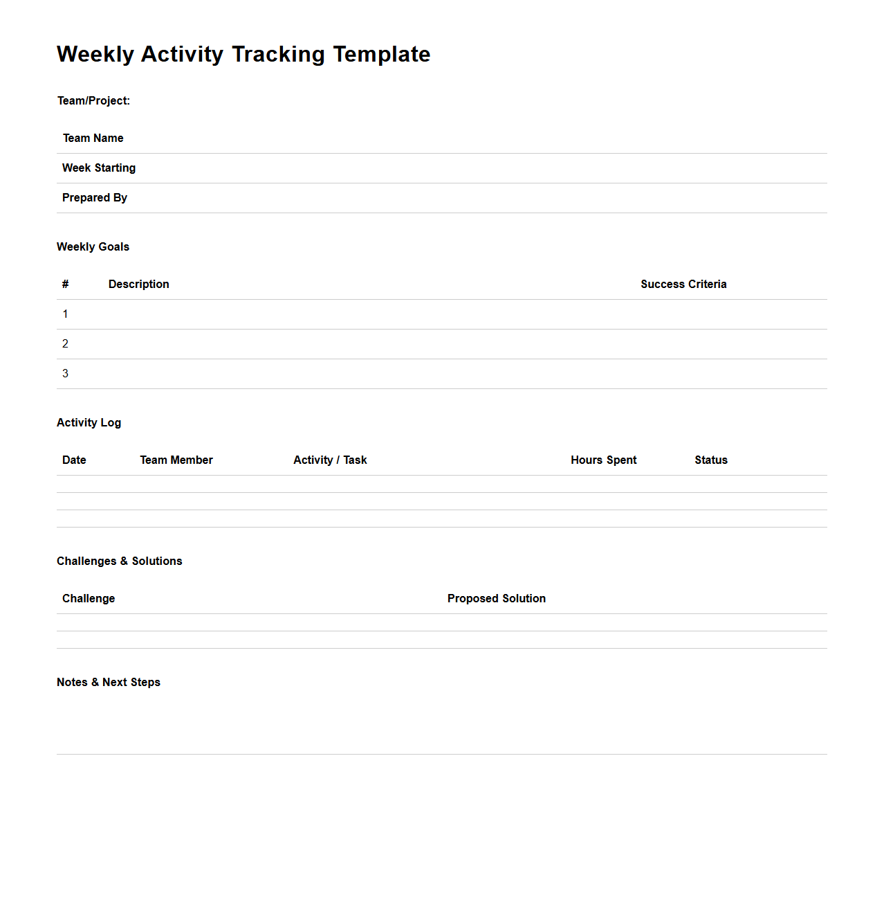 Weekly Activity Tracking Template for Nonprofit Teams