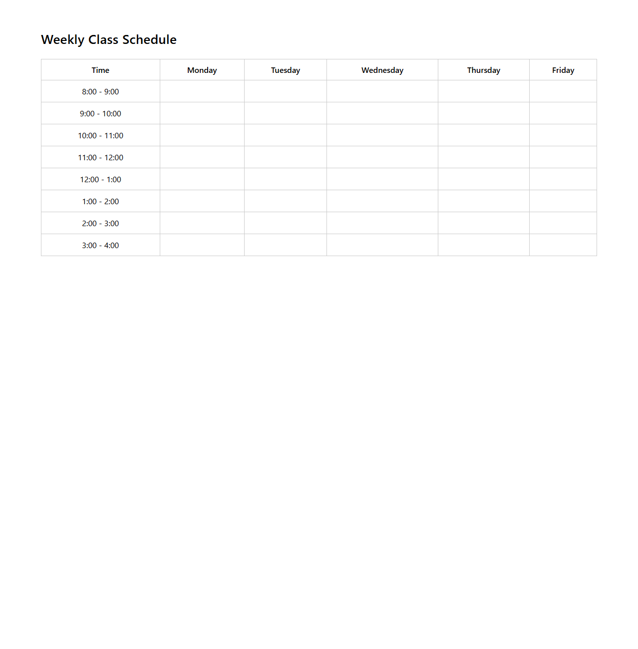 Weekly Class Schedule Template for Students