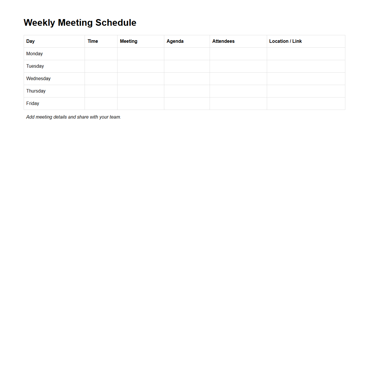 Weekly Meeting Schedule Template for Teams
