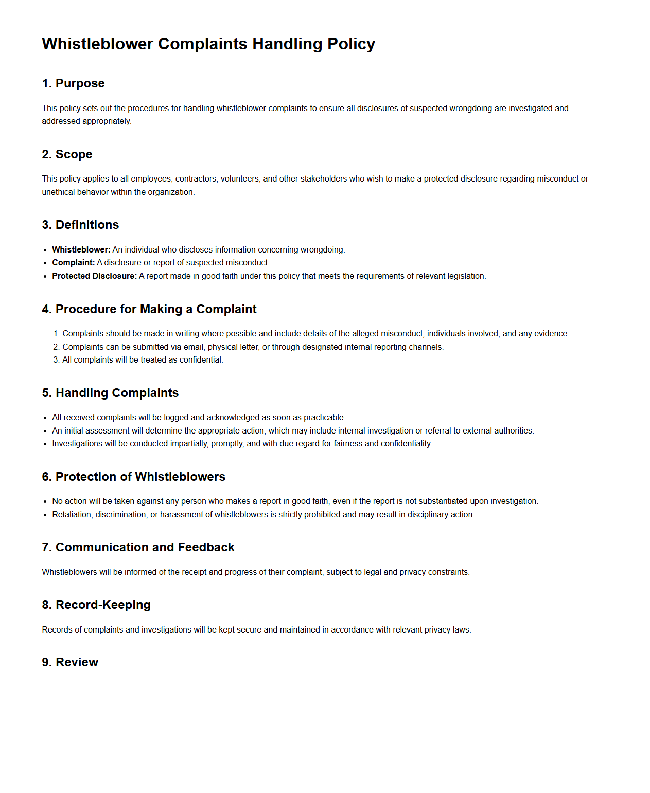 Whistleblower Complaints Handling Policy Sample