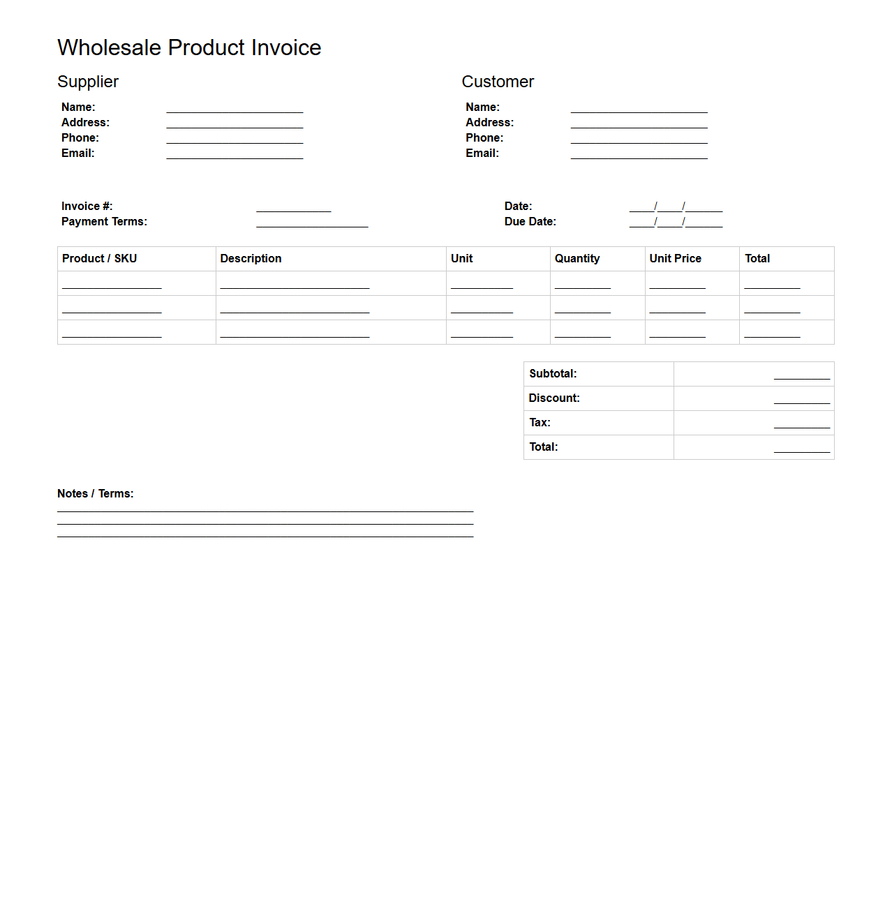 Wholesale Product Invoice Template for Suppliers