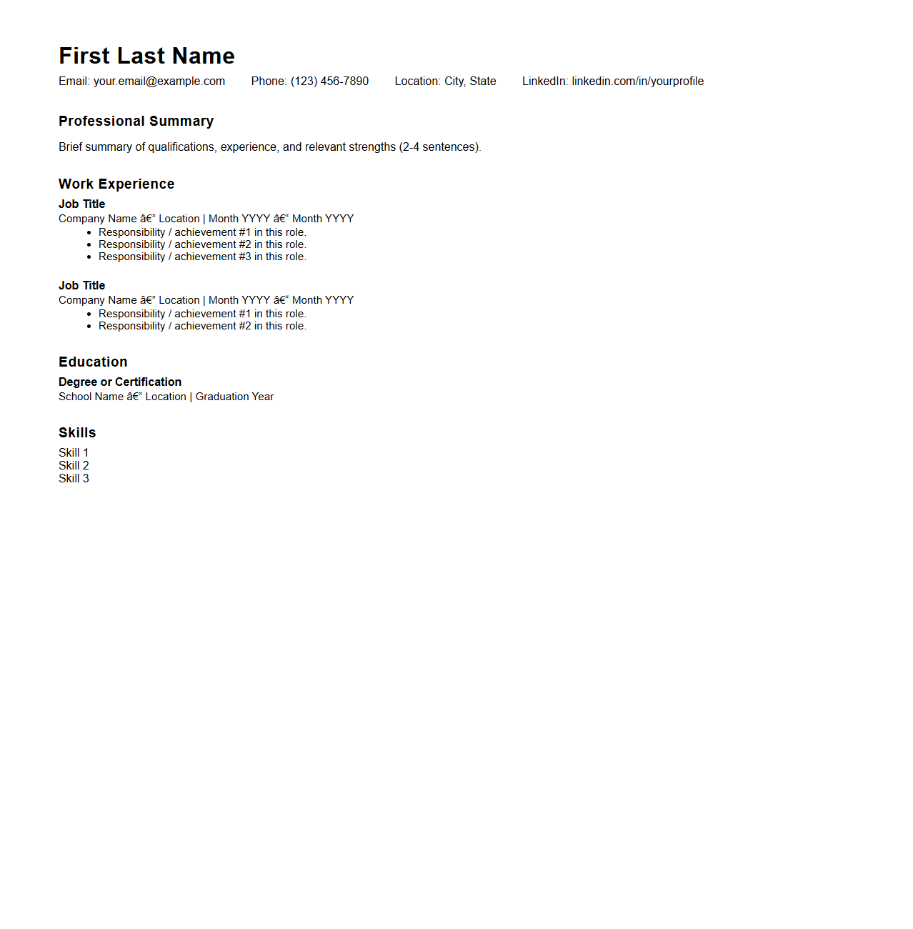 Work Experience Chronological Resume Outline