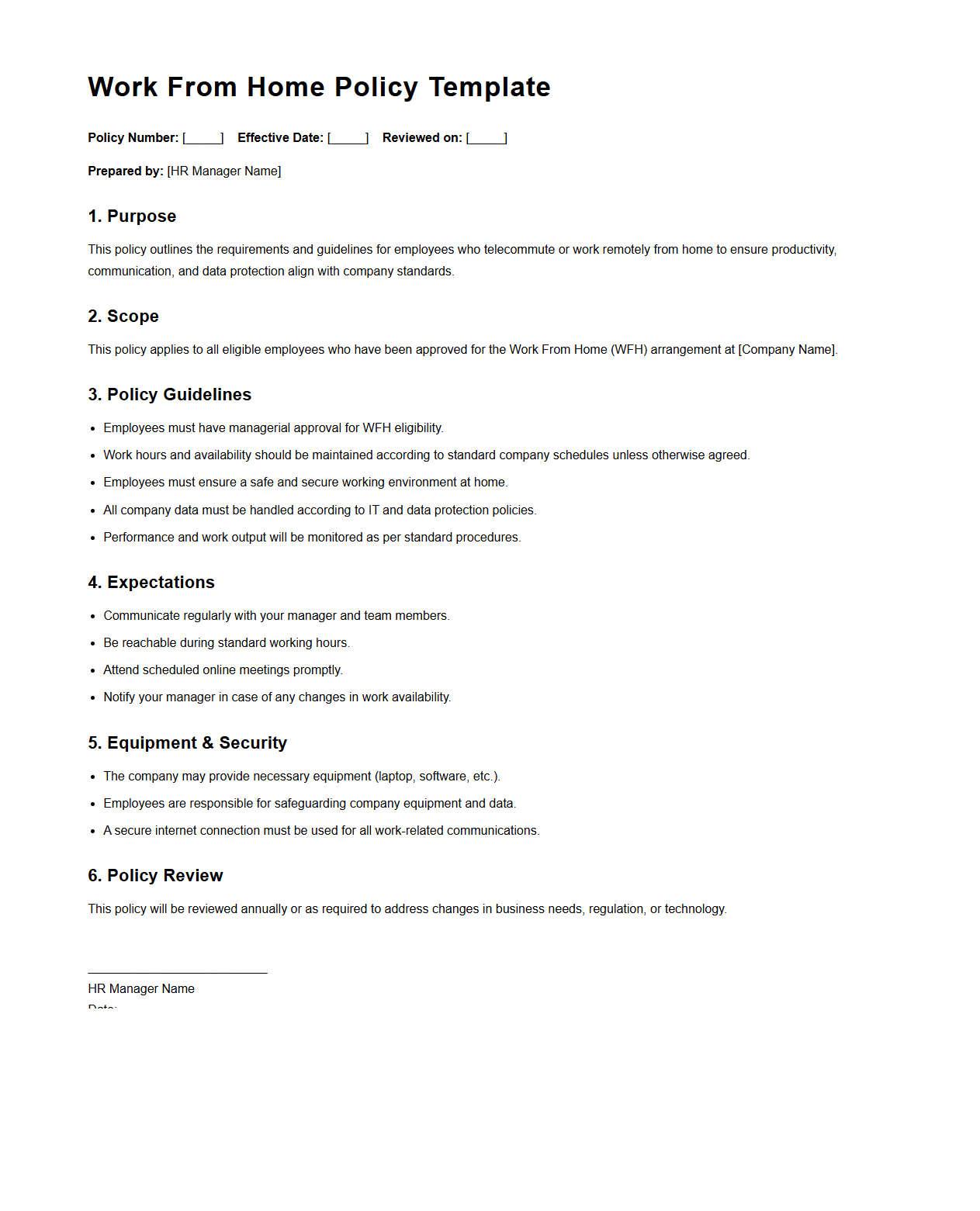 Work From Home Policy Template for HR Managers