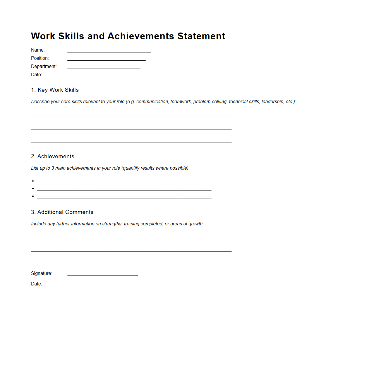 Work Skills and Achievements Statement Format