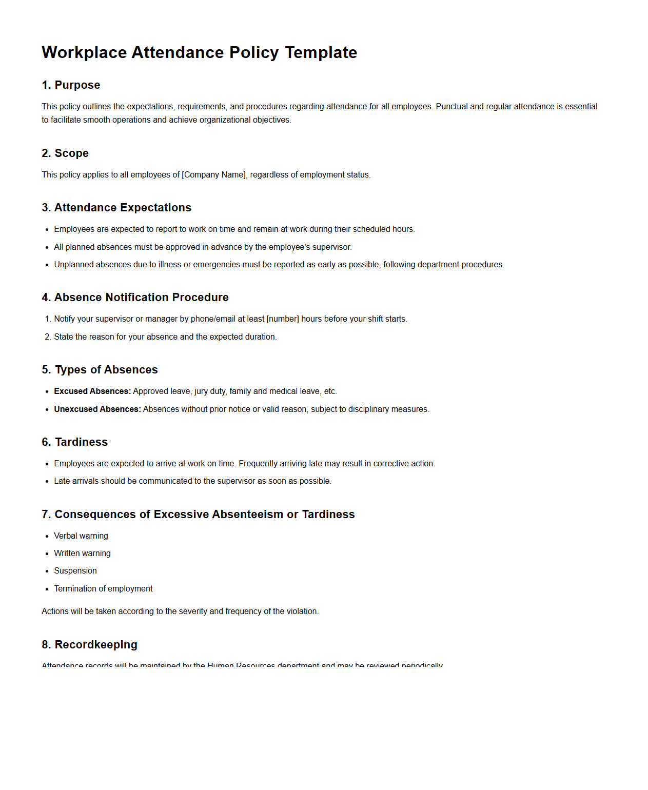Workplace Attendance Policy Template