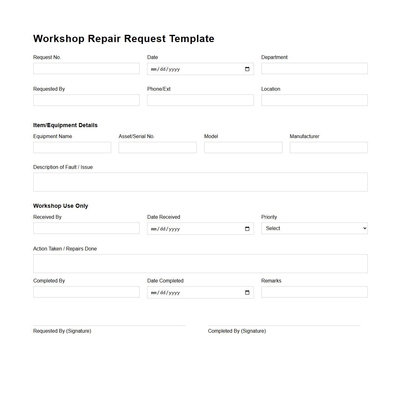 Workshop Repair Request Template