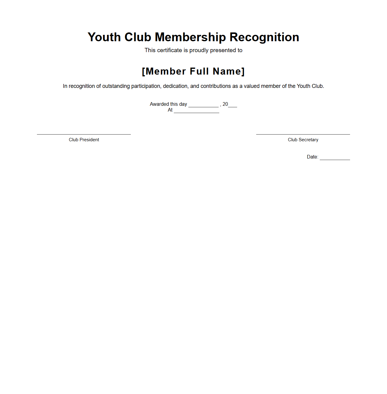 Youth Club Membership Recognition Template