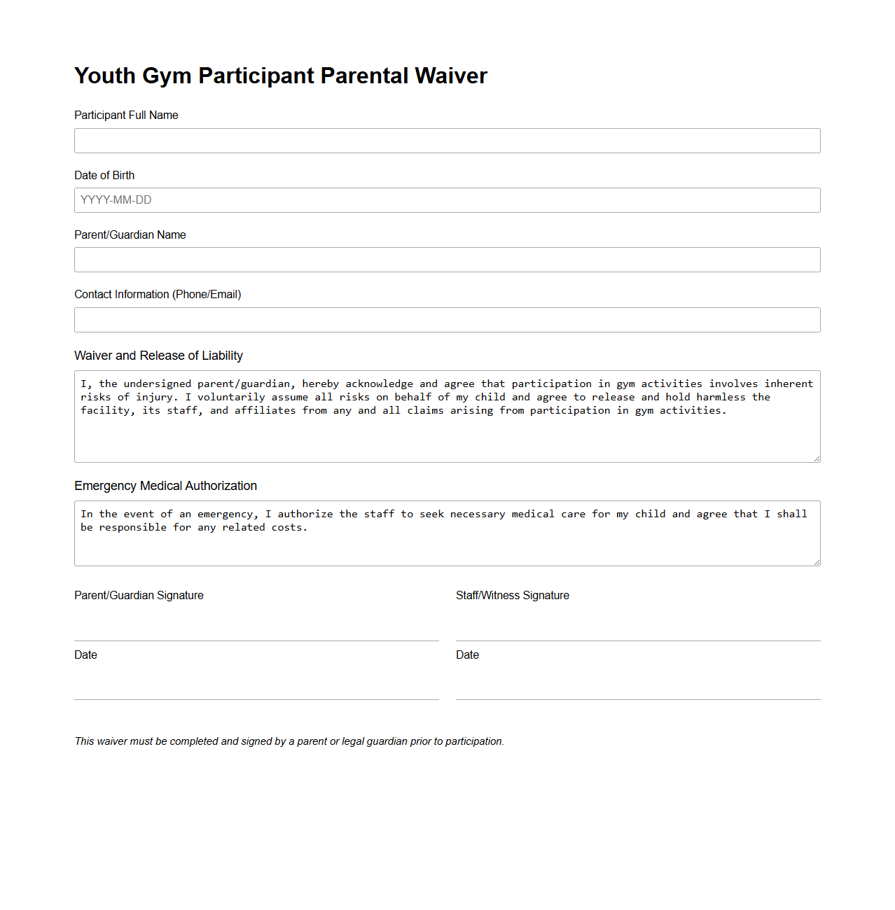 Youth Gym Participant Parental Waiver Template
