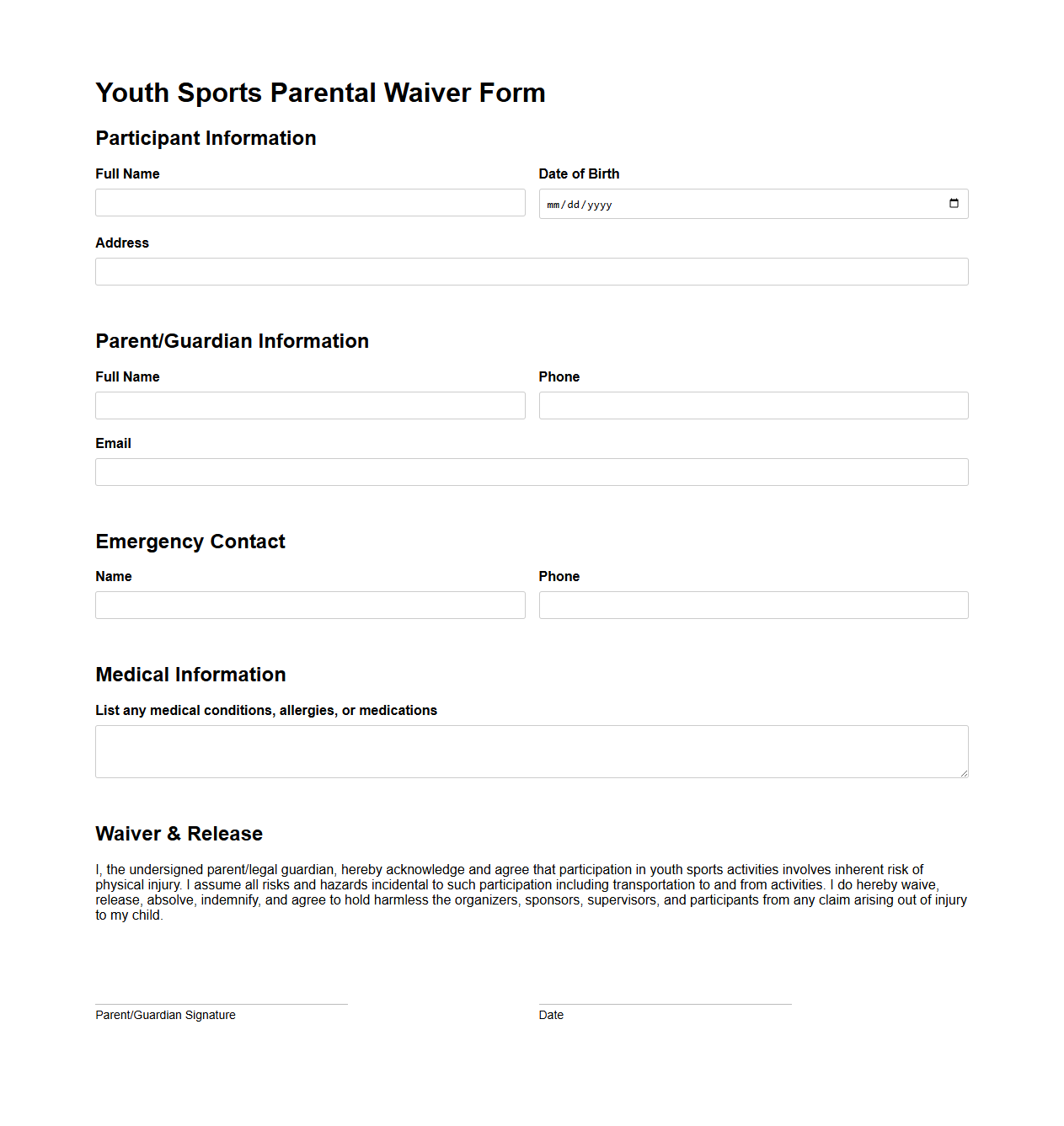 Youth Sports Parental Waiver Form