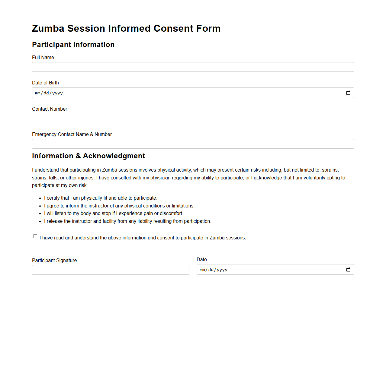 Zumba Session Informed Consent Form