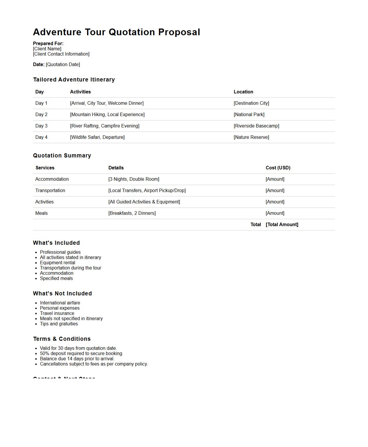Adventure Tour Quotation Proposal for Tailored Itineraries