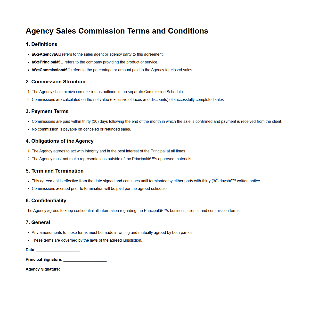 Agency Sales Commission Terms and Conditions
