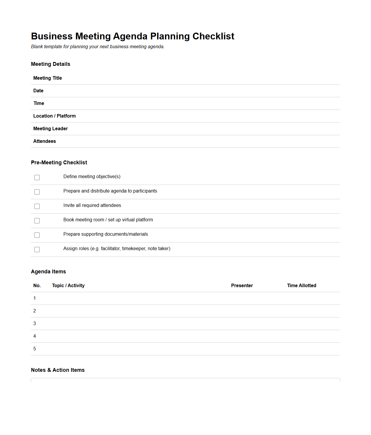 Agenda Planning Blank Checklist for Business Meetings