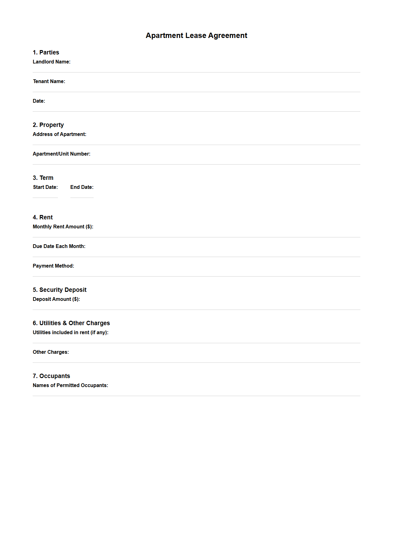 Apartment Lease Agreement Blank Draft