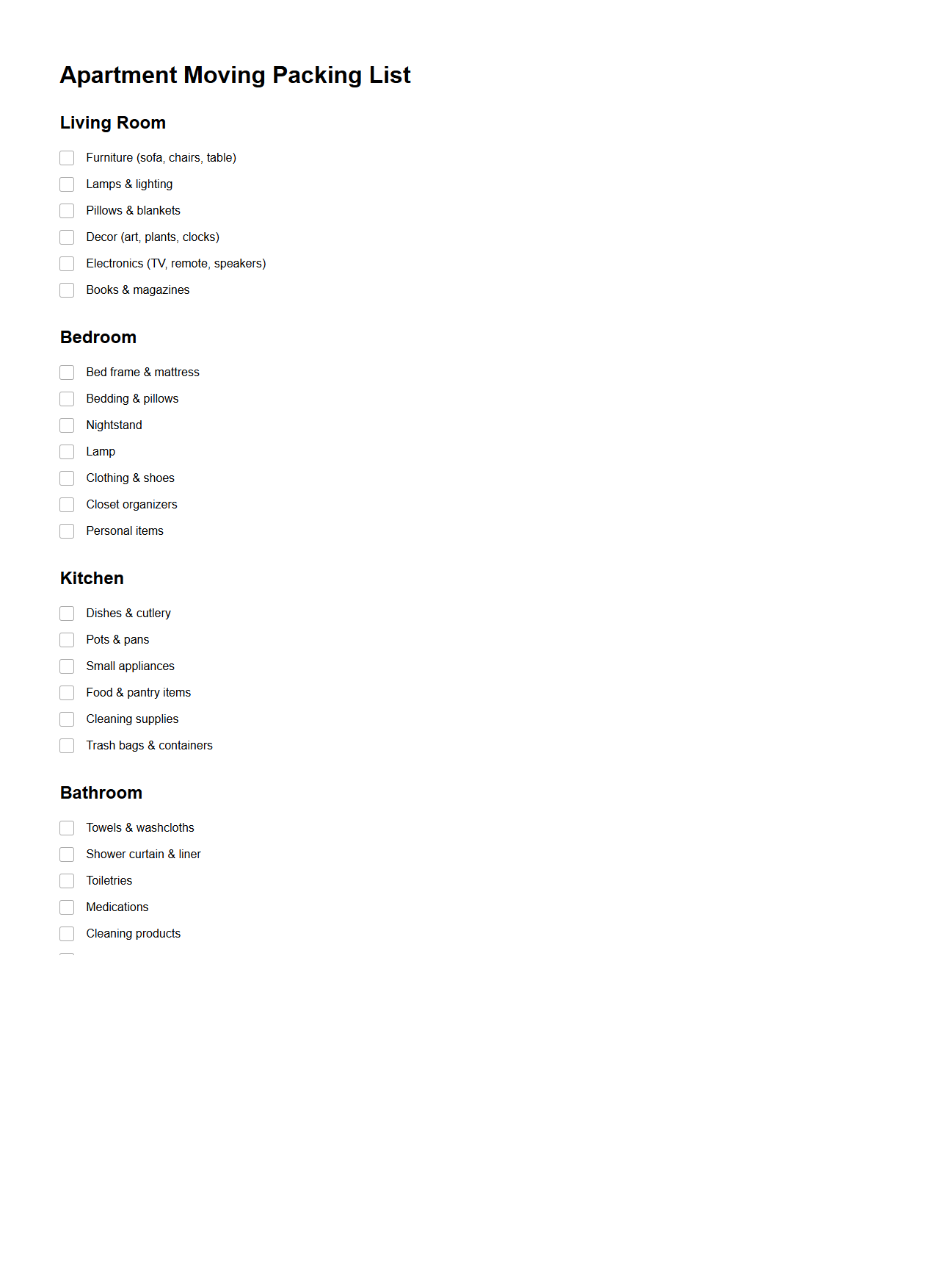 Apartment Moving Packing List Template