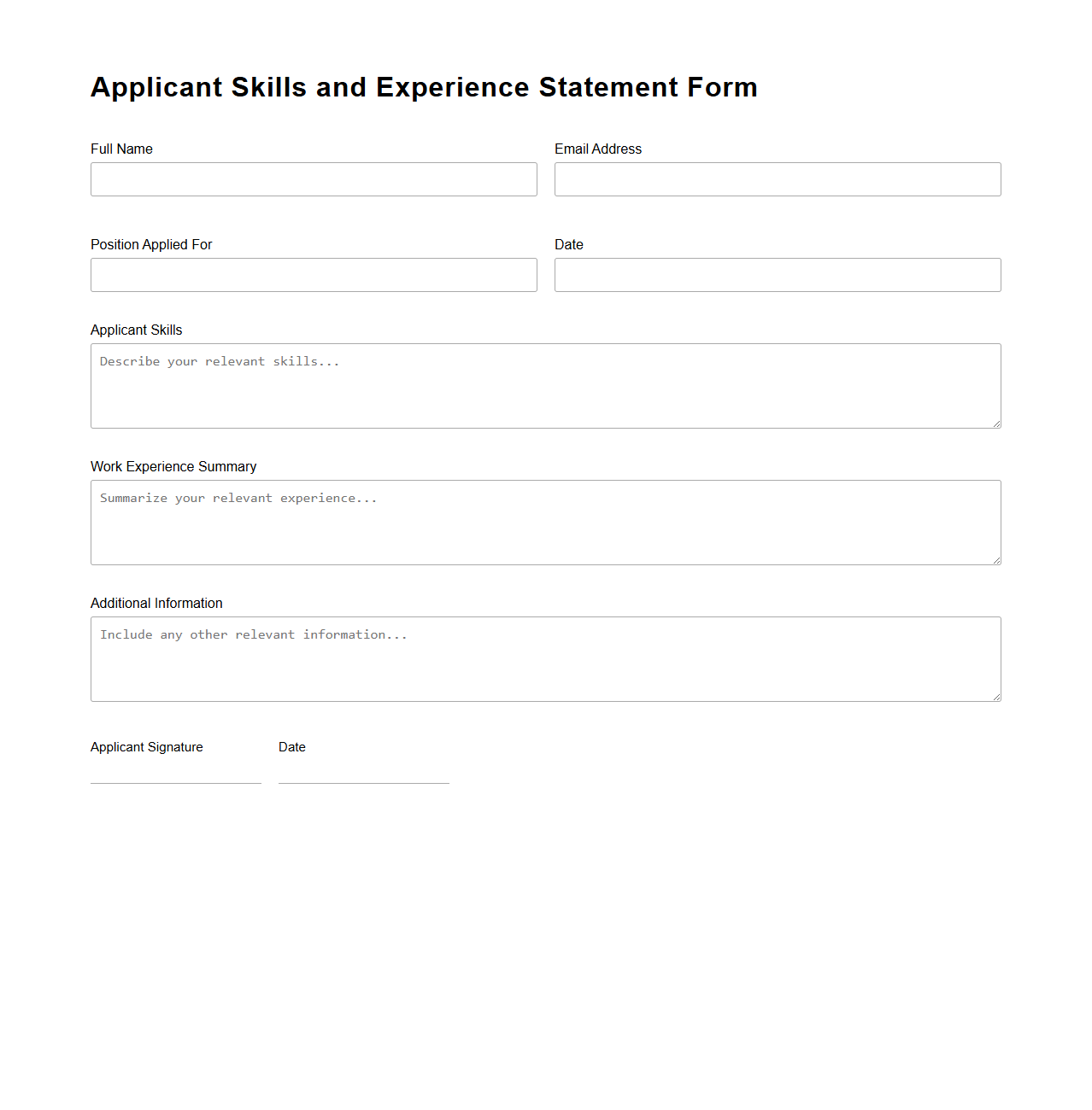 Applicant Skills and Experience Statement Form