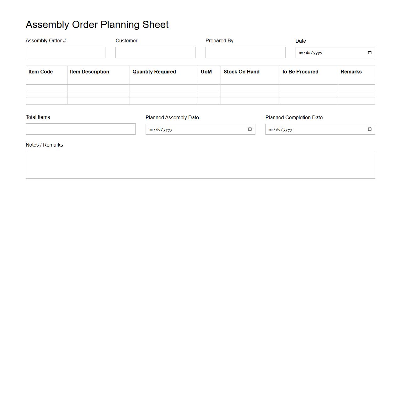 Assembly Order Planning Sheet