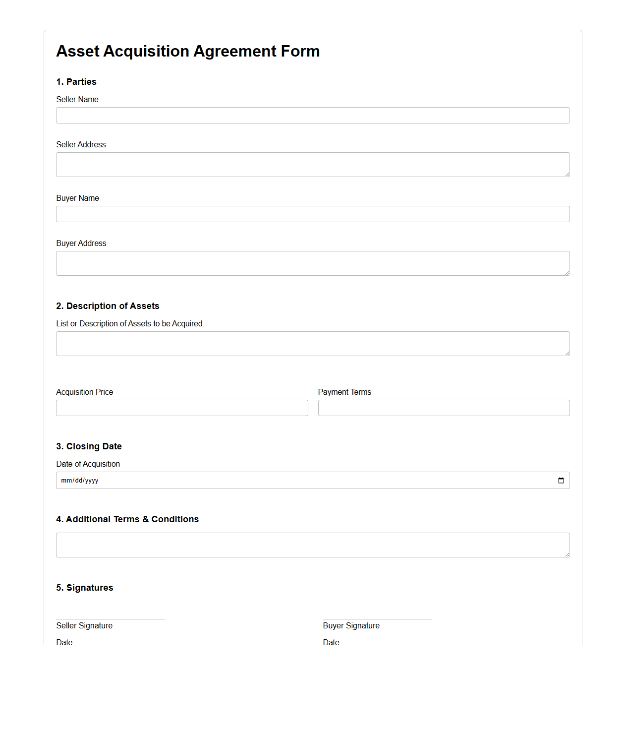 Asset Acquisition Agreement Form