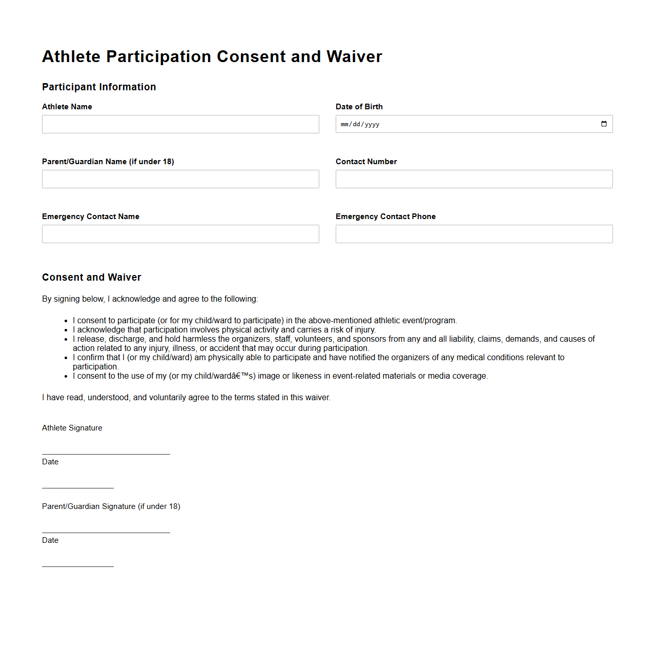 Athlete Participation Consent and Waiver Template