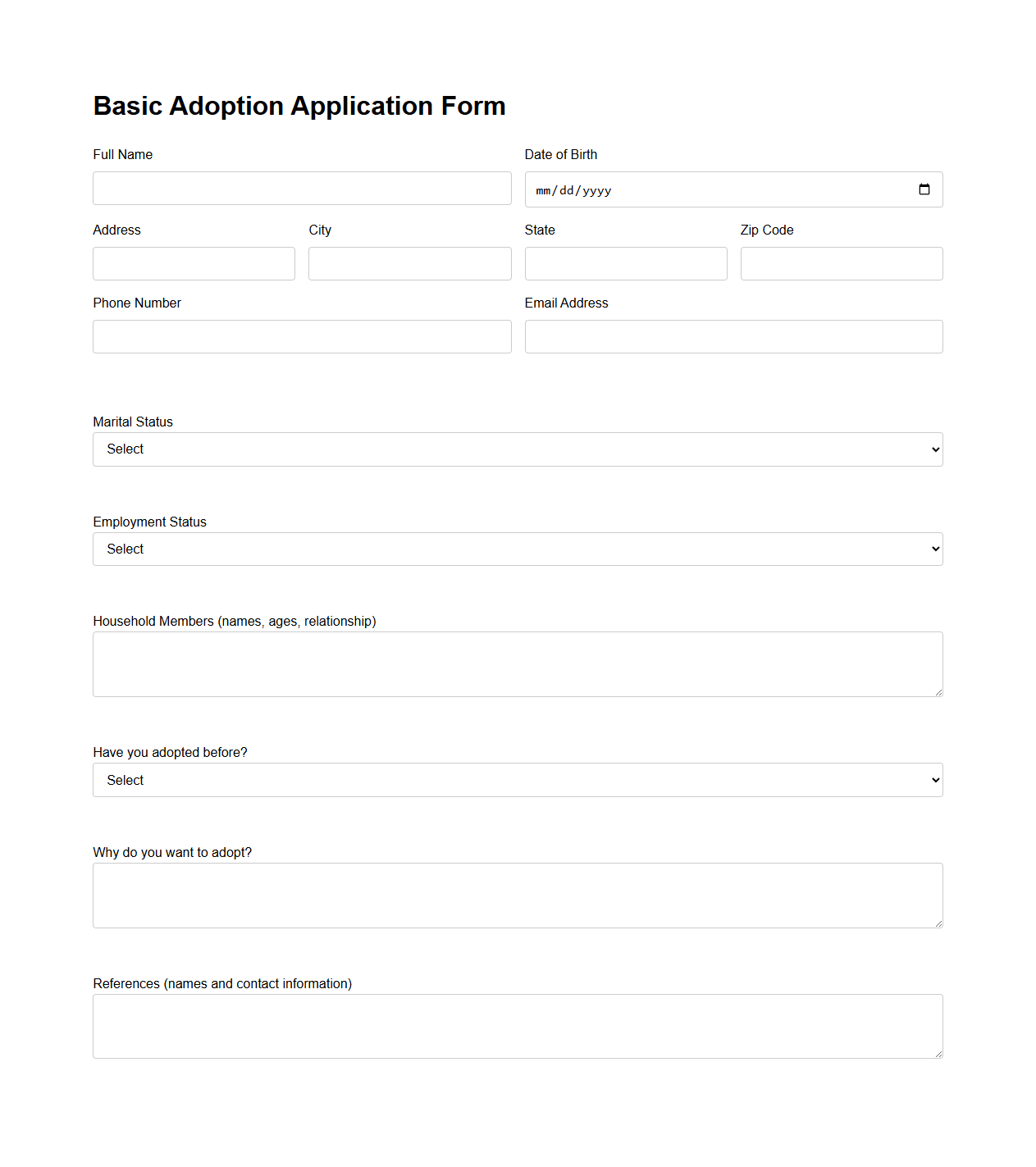 Basic Adoption Application Form Template for Agencies