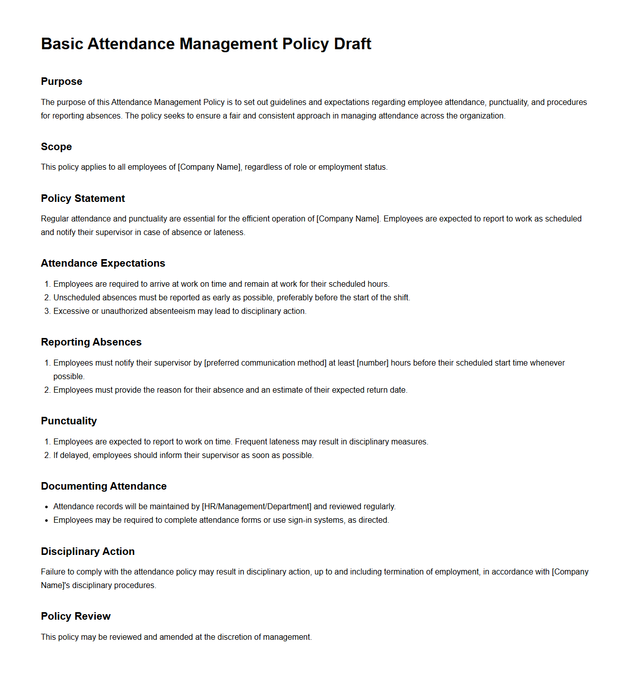 Basic Attendance Management Policy Draft for Employers
