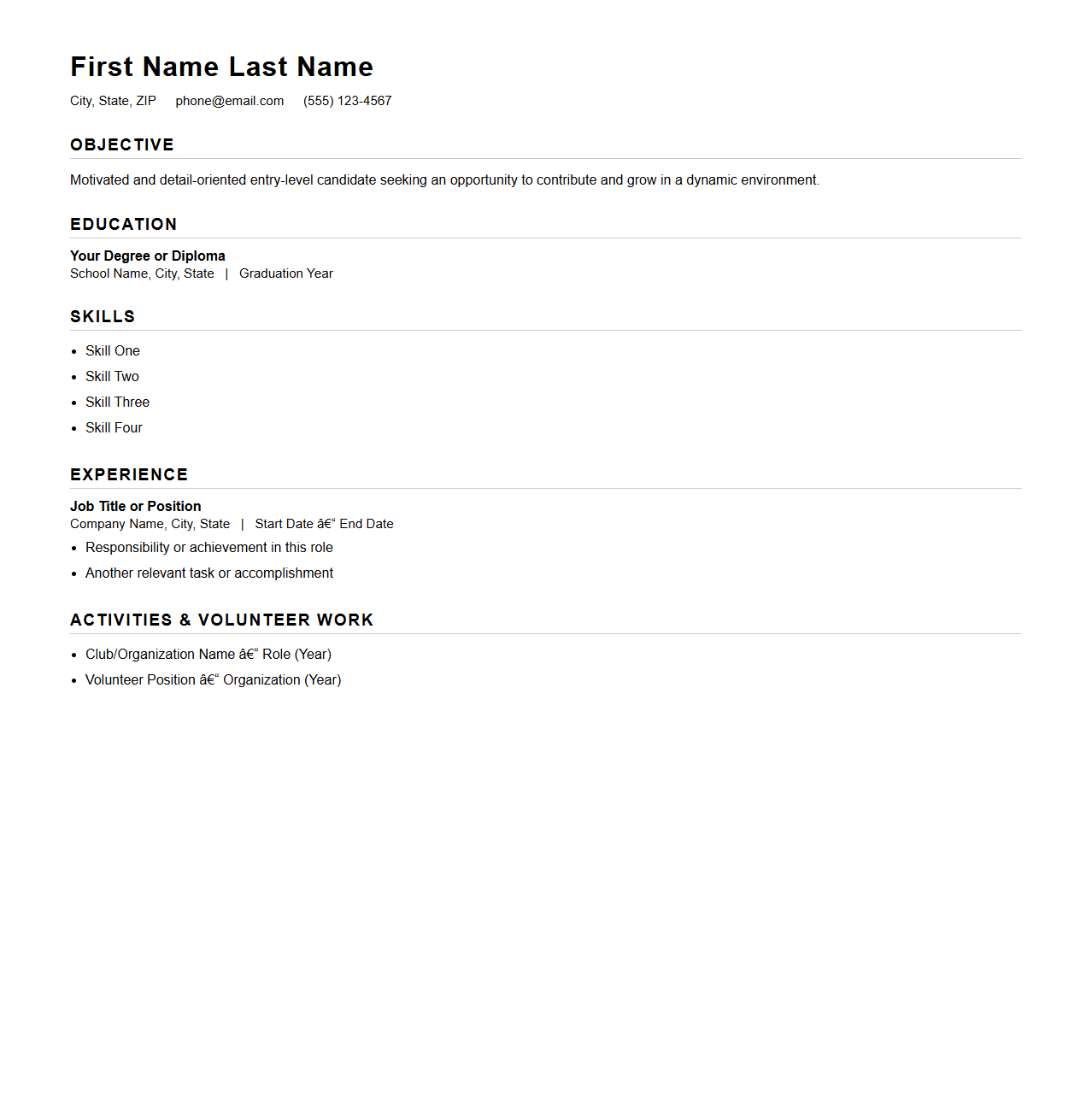 Basic Blank Resume Template for Entry-Level Positions