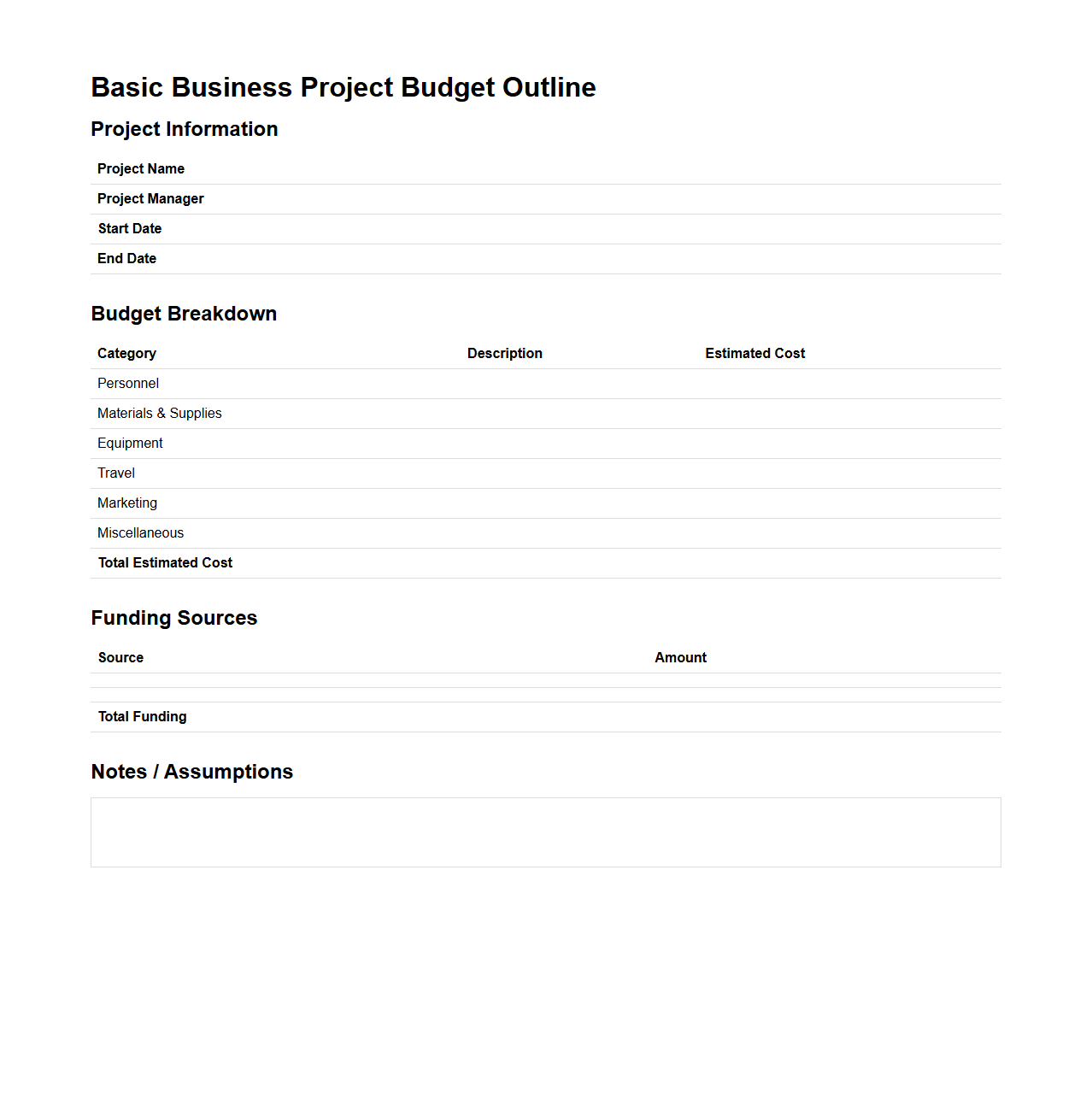 Basic Business Project Budget Outline