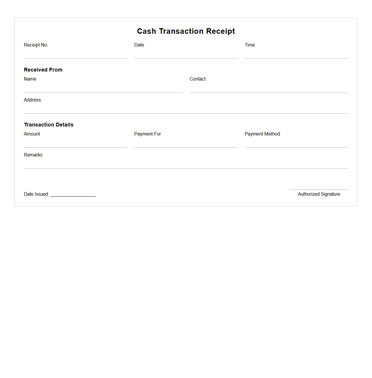 Basic Cash Transaction Receipt