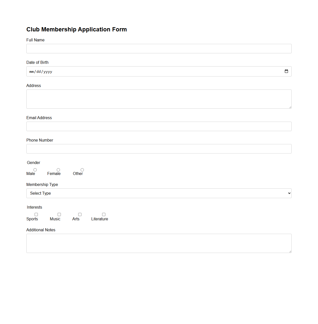 Basic Club Membership Application Form Template