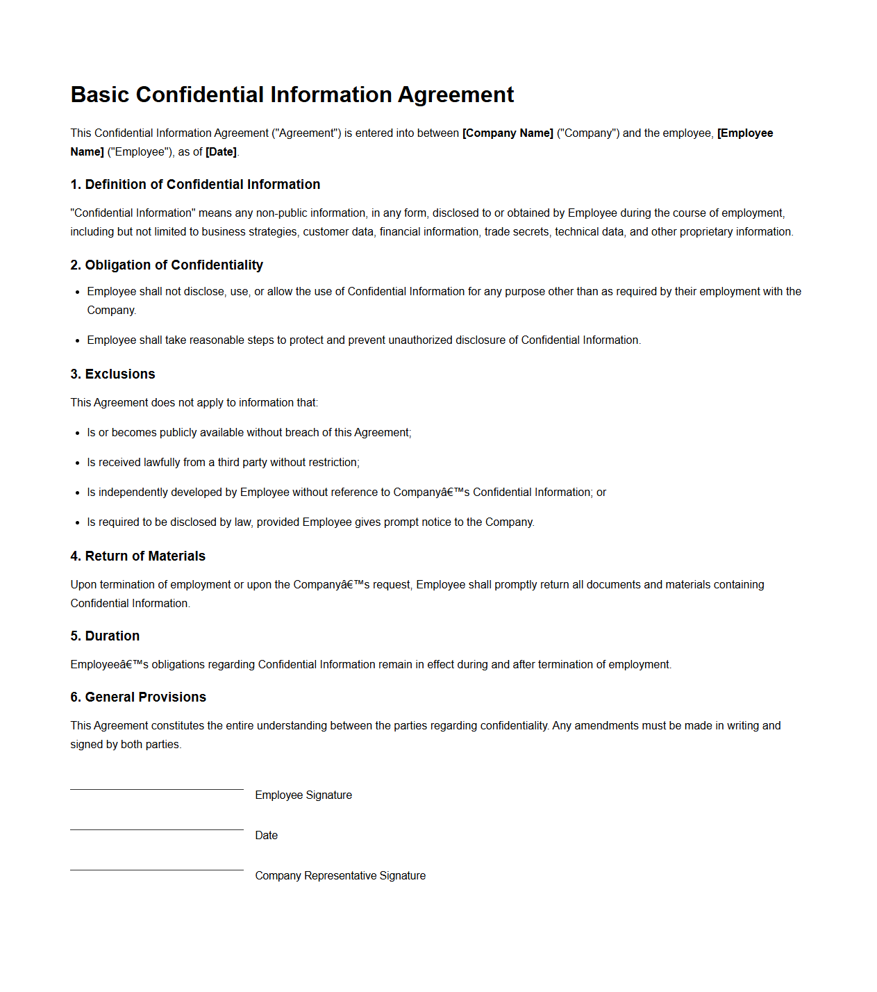 Basic Confidential Information Agreement for Employees