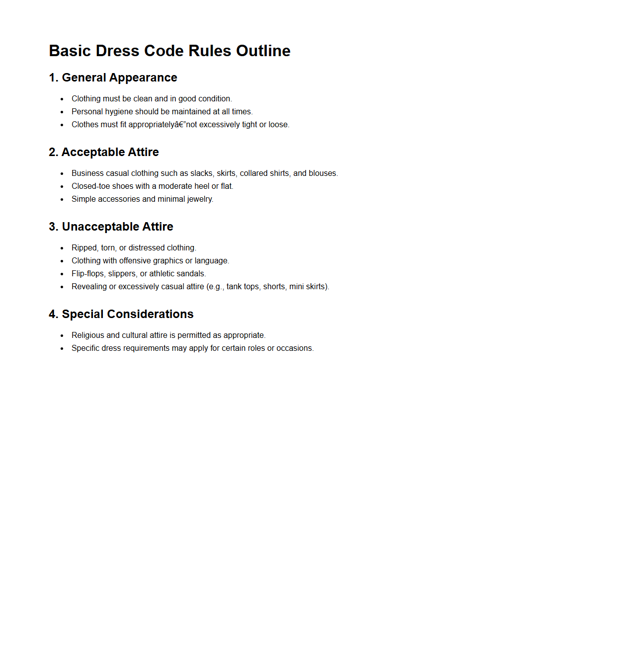 Basic Dress Code Rules Outline
