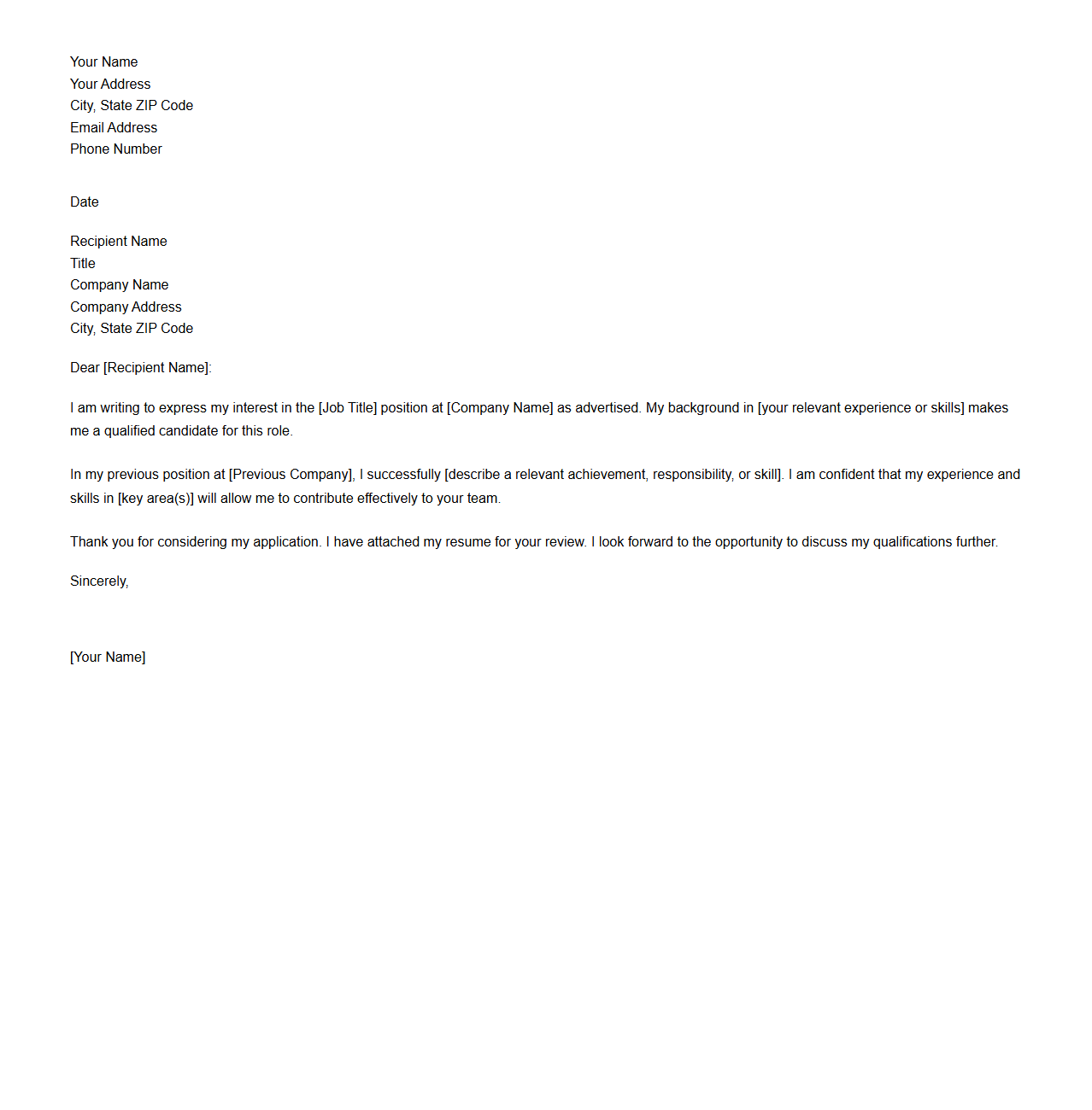 Basic Employment Cover Letter Format