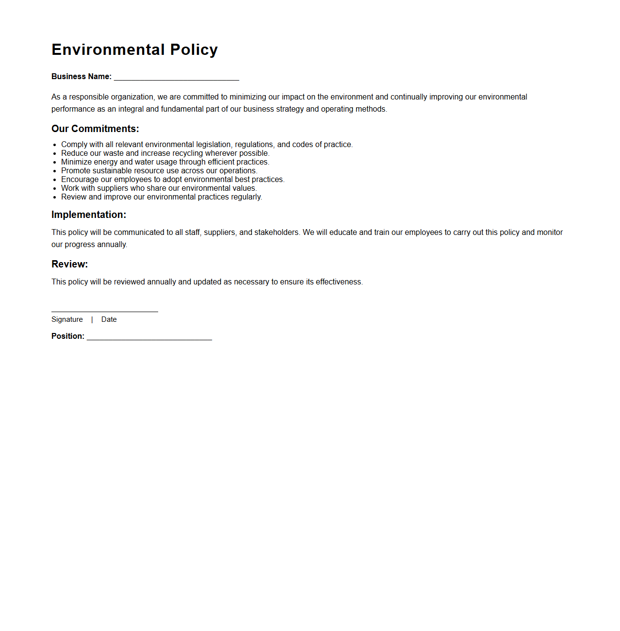 Basic Environmental Policy Template for Businesses