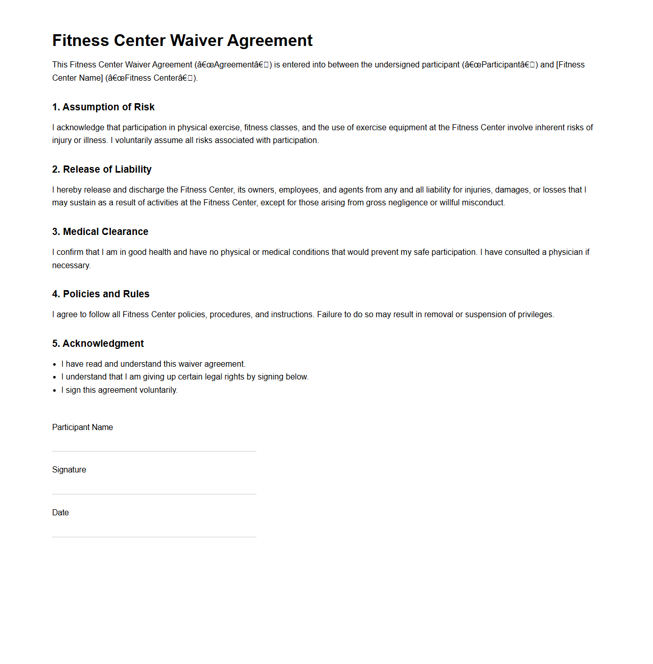 Basic Fitness Center Waiver Agreement Sample