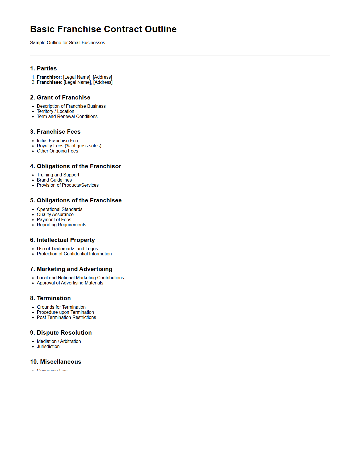 Basic Franchise Contract Outline for Small Businesses