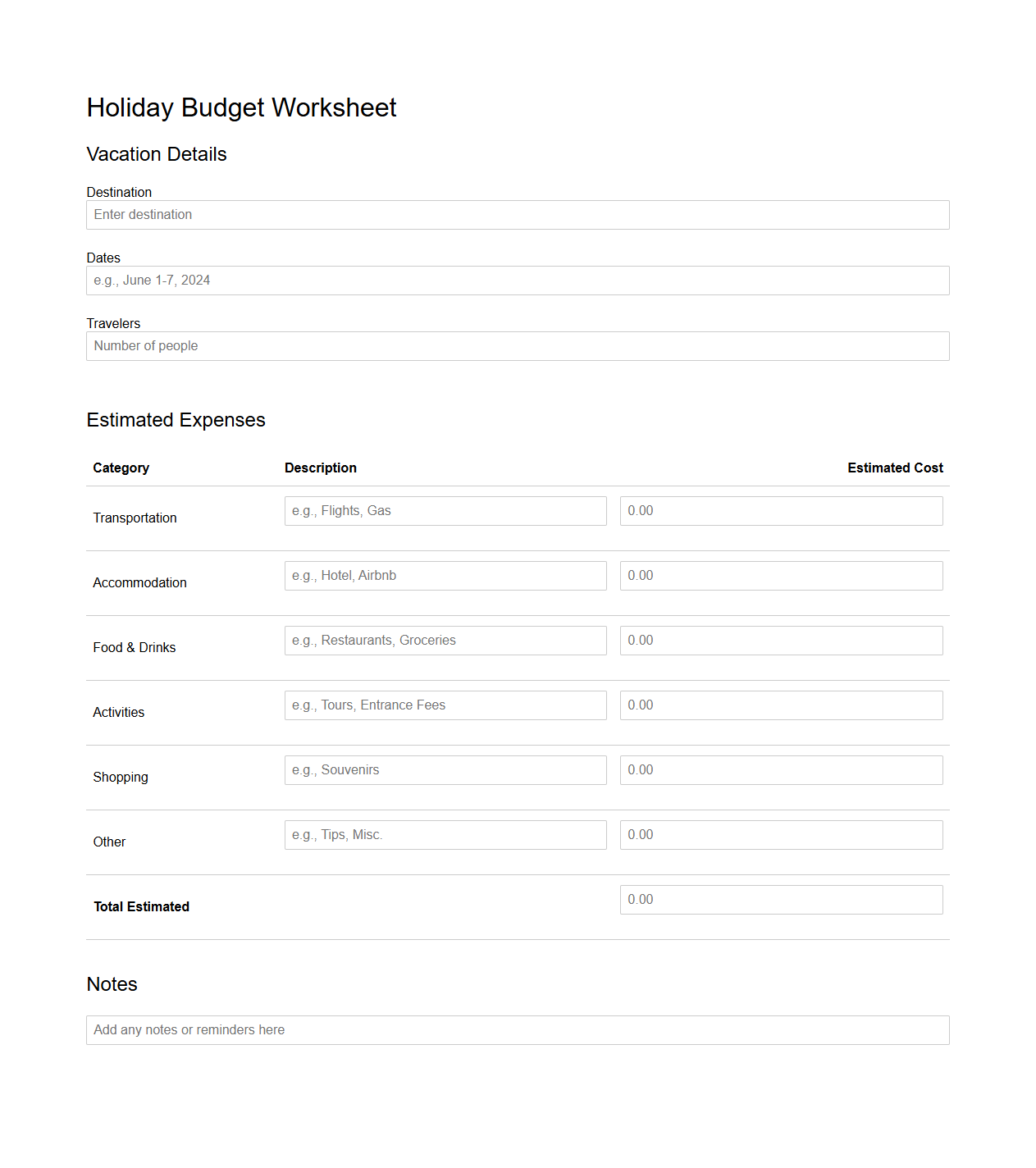 Basic Holiday Budget Worksheet for Vacation Planning