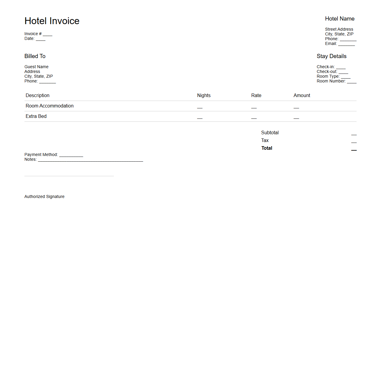 Basic Hotel Invoice Layout for Accommodation Fees