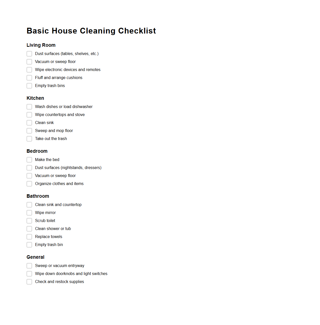 Basic House Cleaning Checklist Template