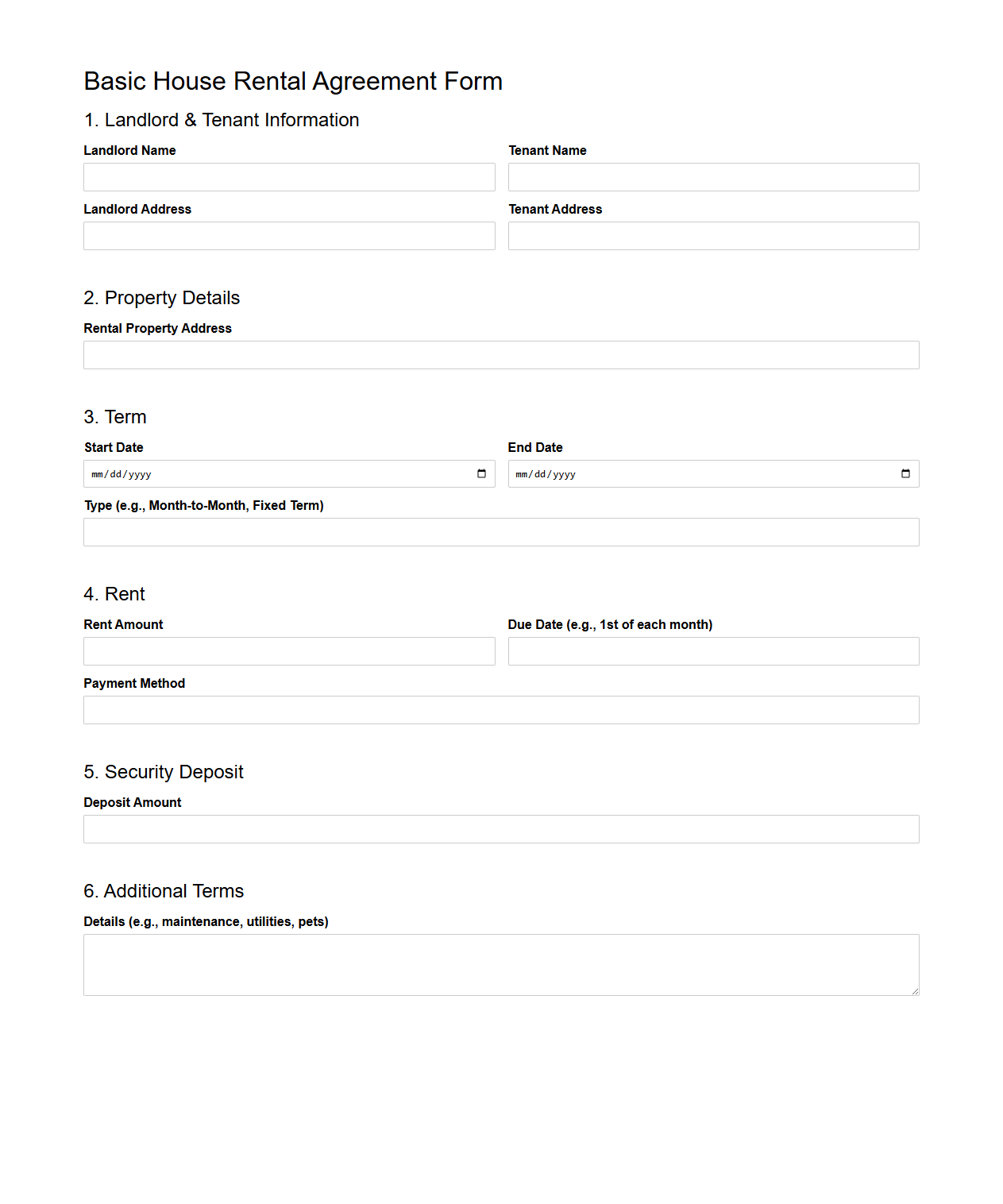 Basic House Rental Agreement Form