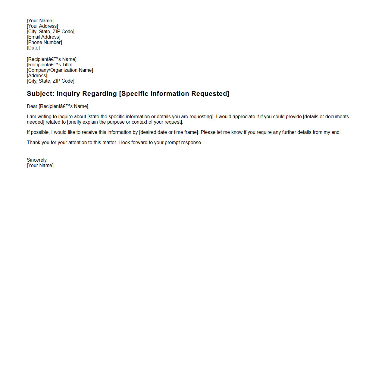 Basic Inquiry Letter Template for Information Requests