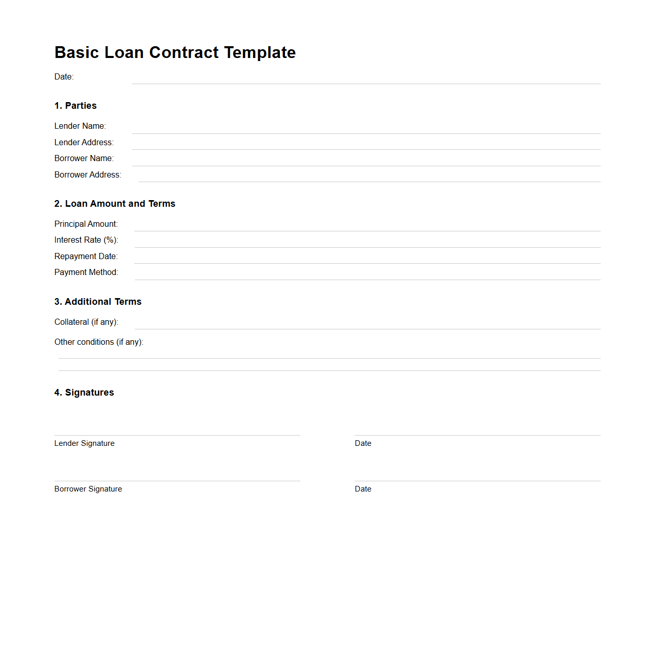 Basic Loan Contract Template for Private Parties