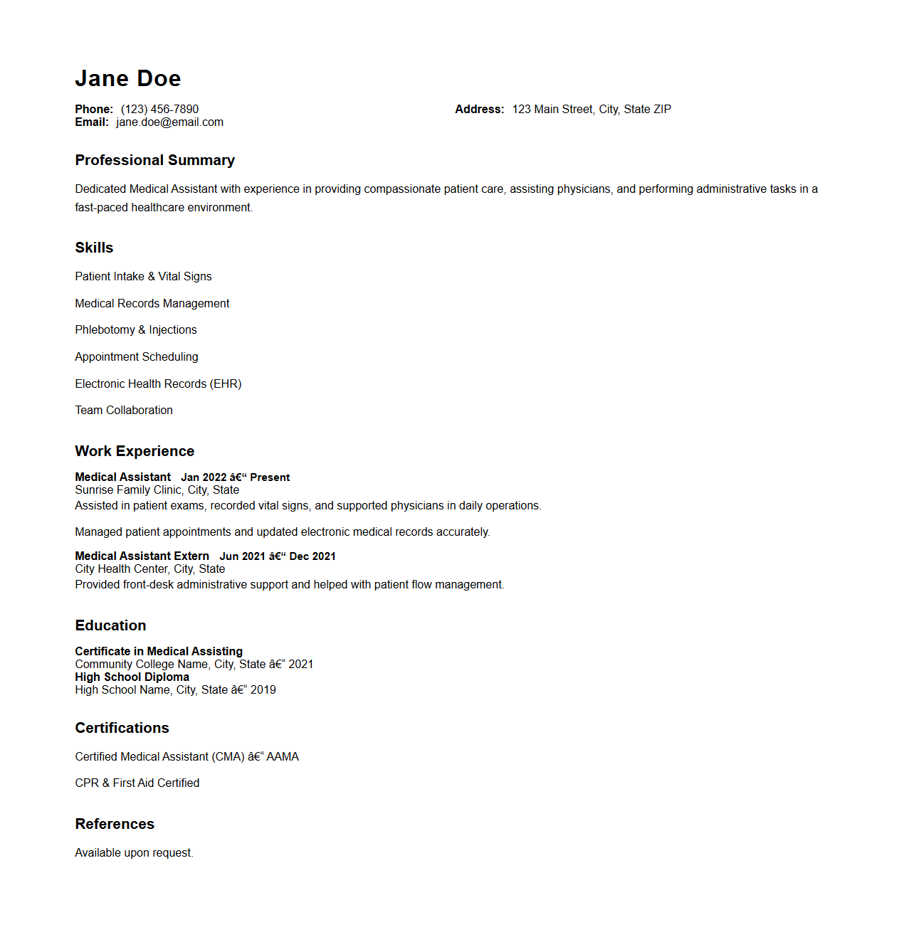 Basic Medical Assistant CV Template