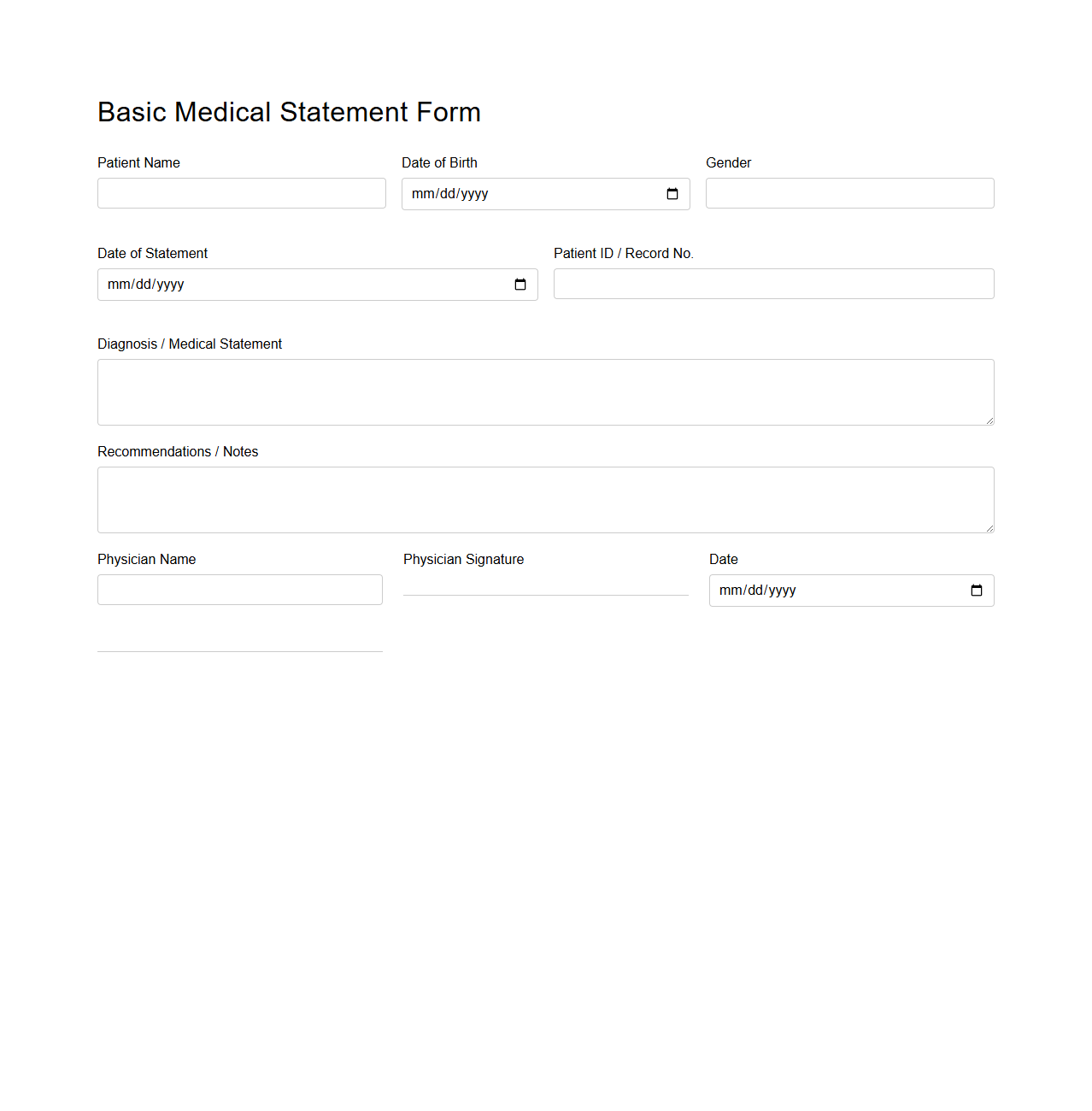 Basic Medical Statement Form for Patient Records