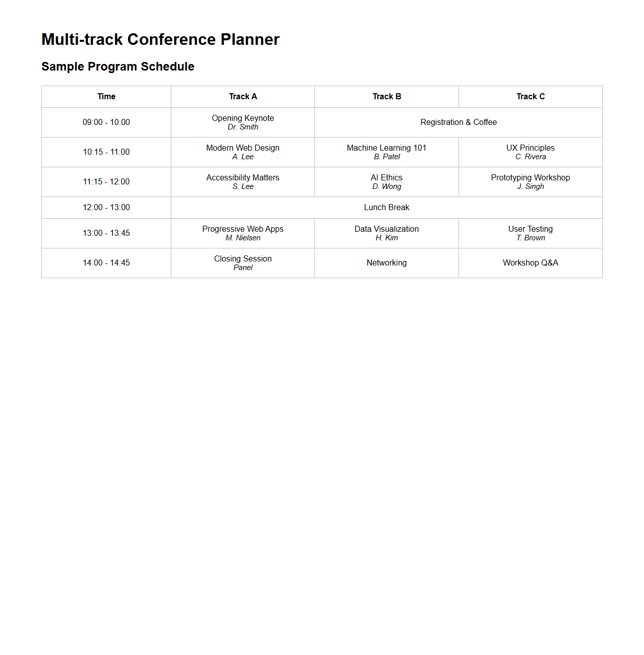Basic Multi-track Conference Program Planner