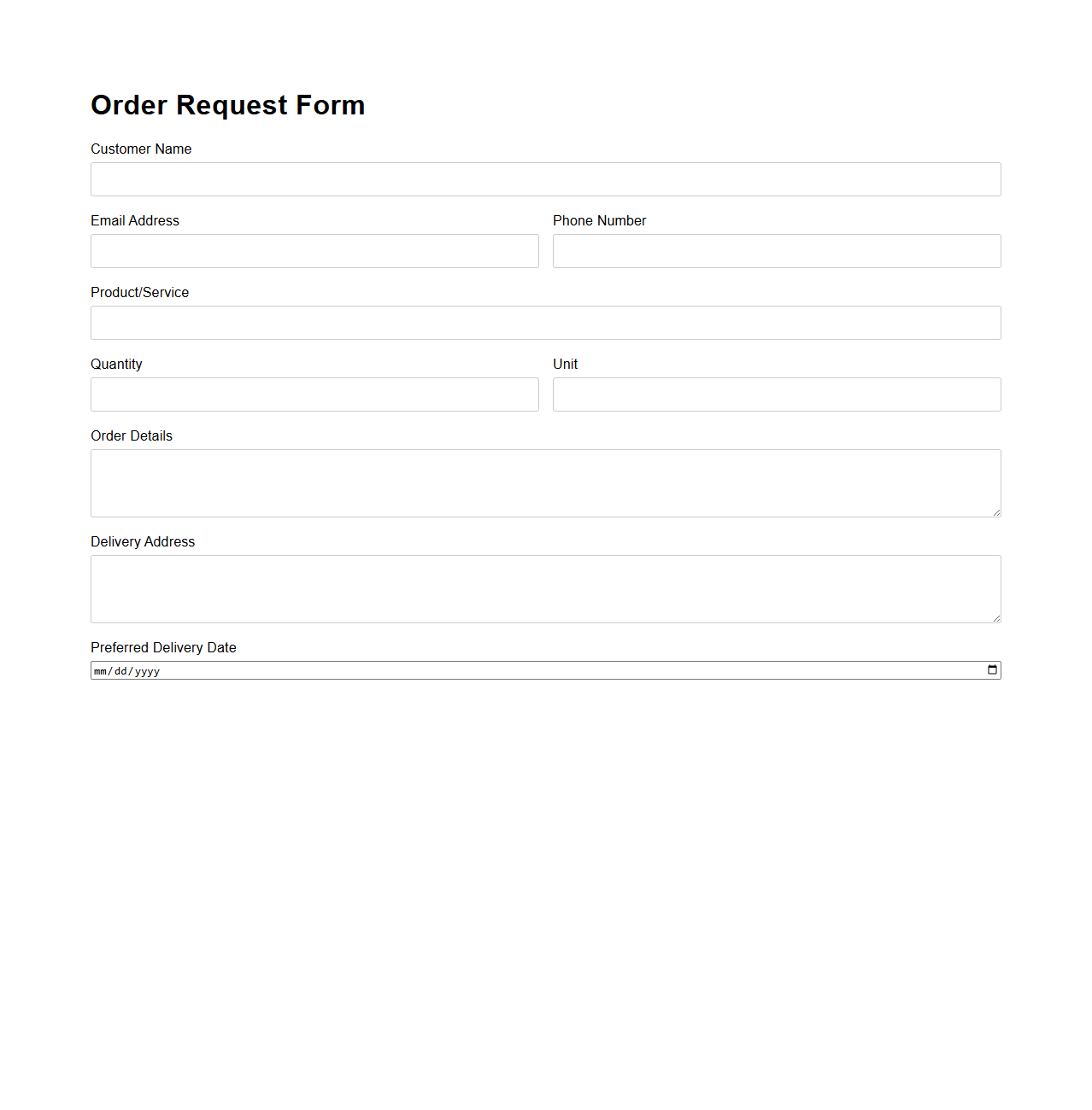 Basic Order Request Form Template